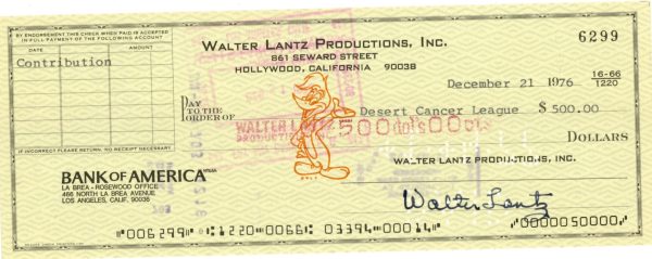 Woody Woodpecker Original Production Drawing and Walter Lantz Signed Check Online