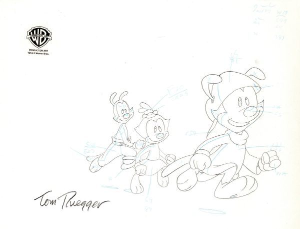 Animaniacs Original Production Cel on Original Background with Matching Drawing Signed by Tom Ruegger: Wakko, Yakko, and Dot Discount