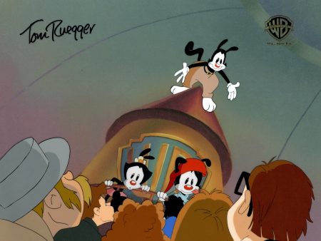 Animaniacs Original Production Cel with Matching Drawings Signed by Tom Ruegger: Yakko, Wakko, Dot Sale