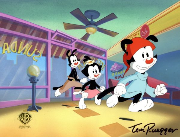 Animaniacs Original Production Cel on Original Background with Matching Drawing Signed by Tom Ruegger: Wakko, Yakko, and Dot Discount