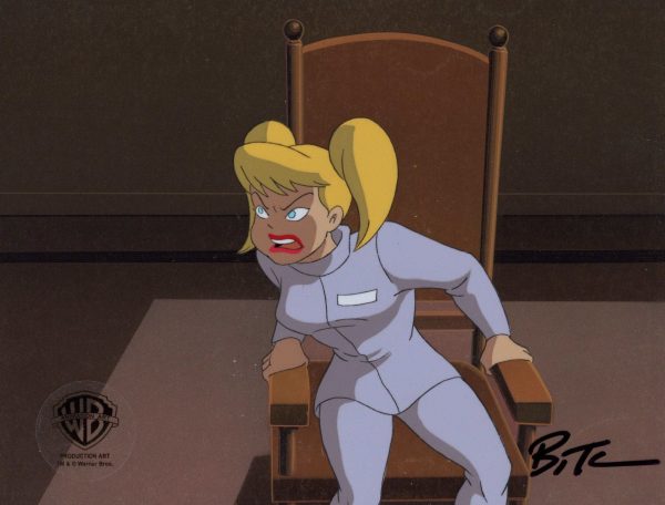 Batman The Animated Series Original Production Cel with Matching Drawing on Original Background signed by Bruce Timm: Harleen For Sale