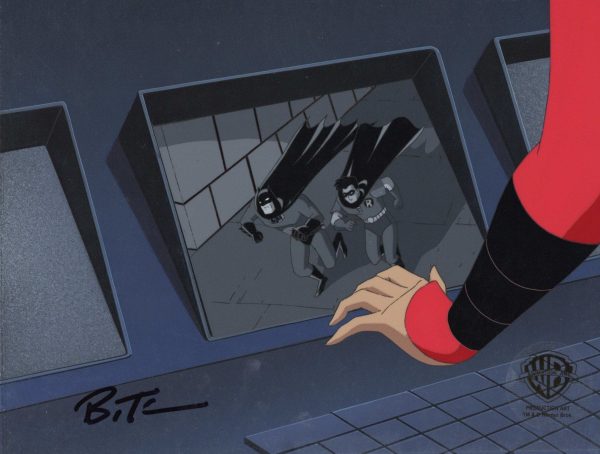 Batman The Animated Series Original Production Cel On Original Background signed by Bruce Timm: Batman, Robin, Red Claw Hot on Sale