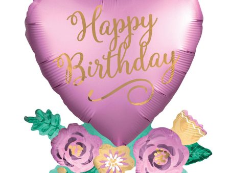 Birthday Satin Heart with Flowers SuperShape Balloon 58x76cm Online Sale